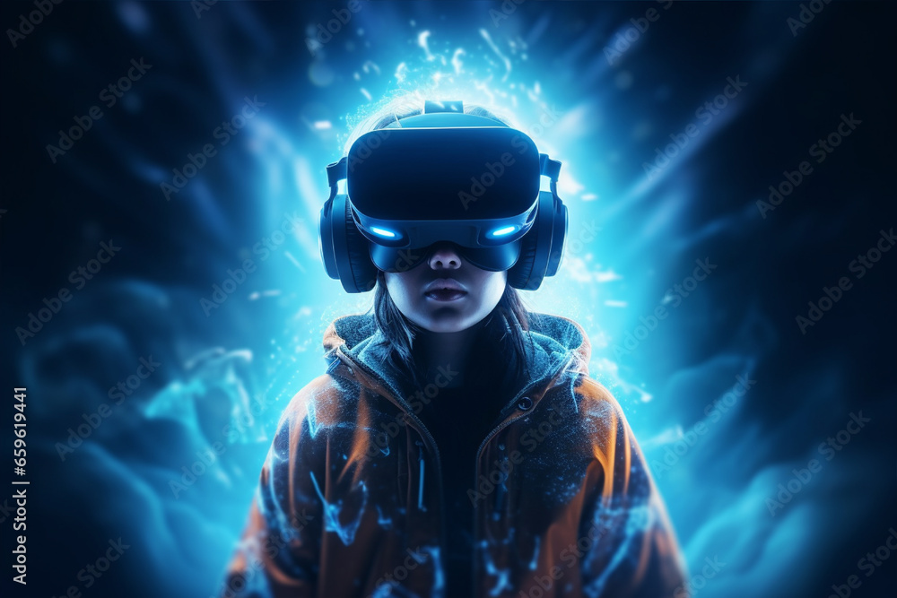 Person wearing virtual reality goggles. Future metaverse technology concept. Person wearing virtual reality goggles. Future metaverse technology concept.