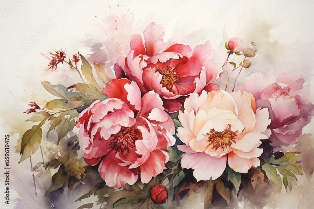 Watercolor artwork of a peony floral bouquet. Generative AI