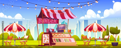 Outdoor burger stall in summer city park. Vector cartoon illustration of fast food shop with menu, oven, chairs, tables under umbrella, garland decoration, cityscape background, blue sky with clouds