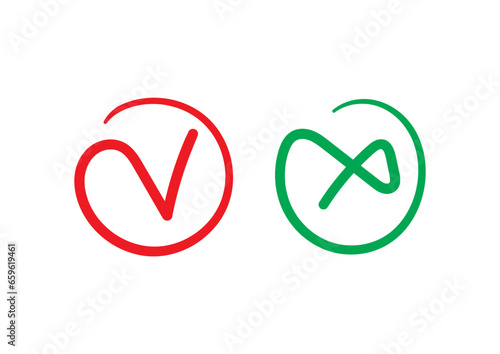 hand drawn check symbol. hand drawn cancellation symbol. scribble check and cancel signs