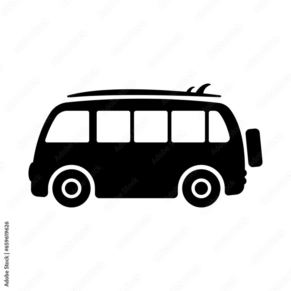 Minibus icon. Minivan, van, camper. Black silhouette. Side view. Vector simple flat graphic illustration. Isolated object on a white background. Isolate.