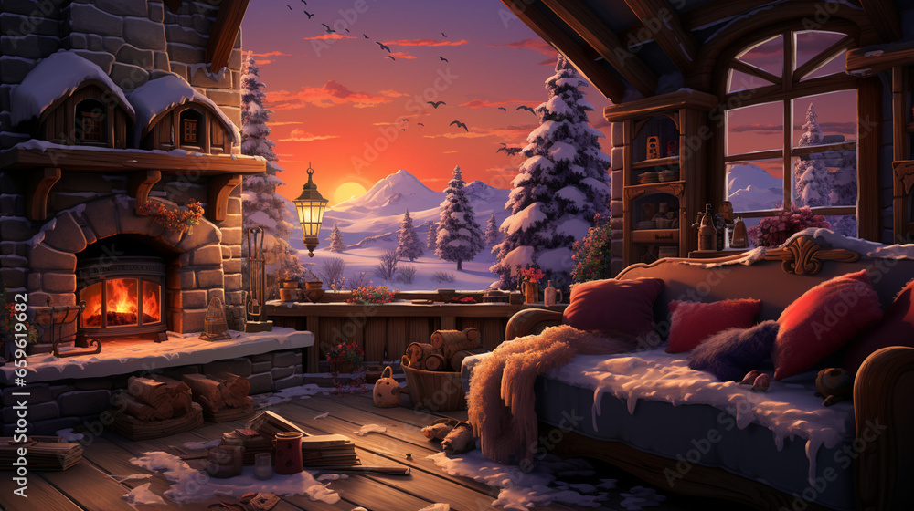 A rustic winter scene featuring a cottage living room, a crackling wood-burning stove, and a cat curled up on a cushioned window seat as a dog rests by the fire