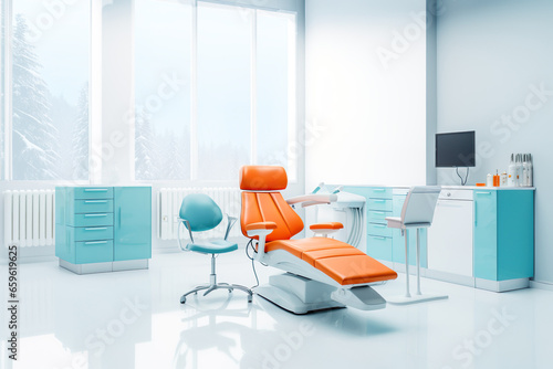 Modern dental clinic. Orange Dental chair and dentist accessories white blue colors