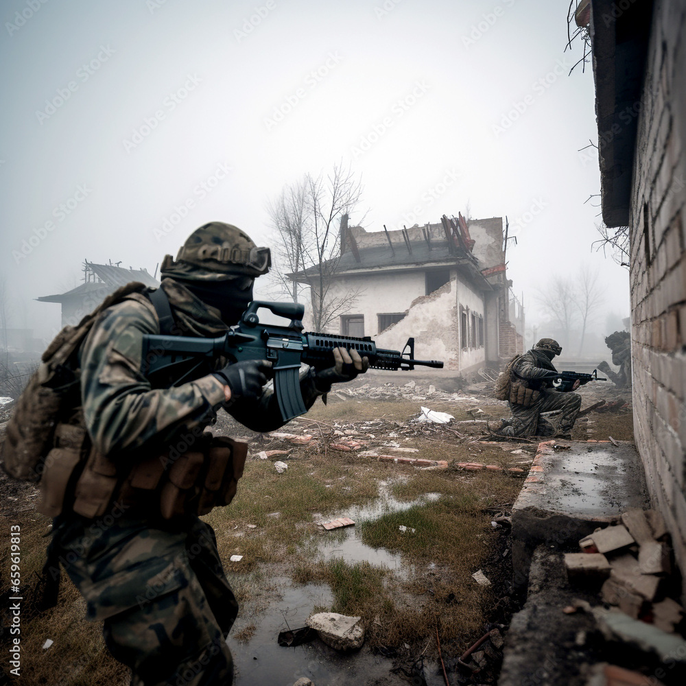 Modern soldiers, new weapons. Located in a war zone.