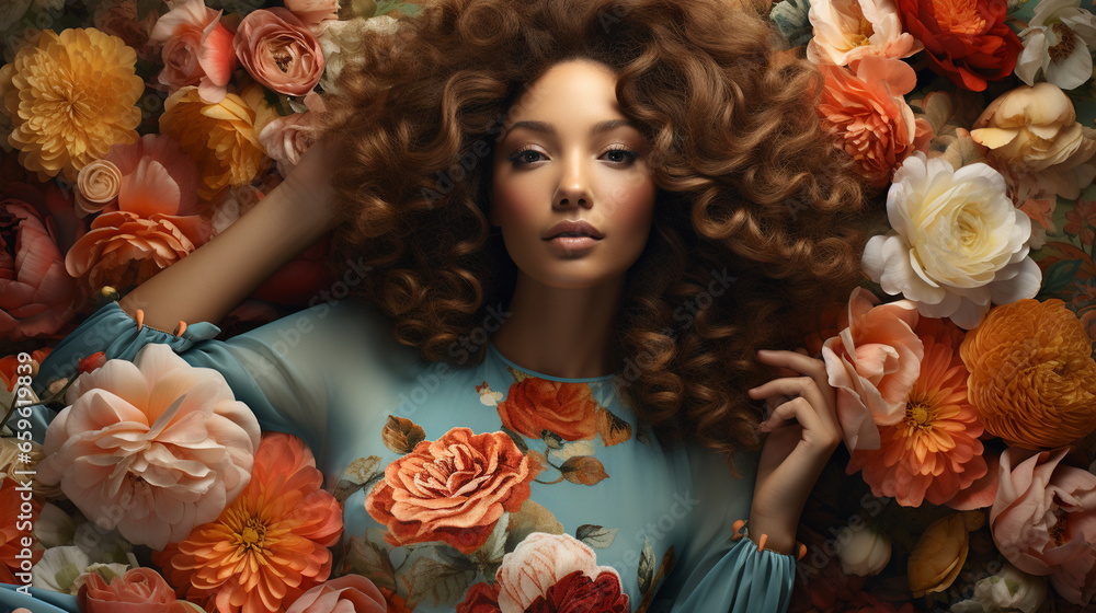 A dramatic studio shot of a model with tight, voluminous curls, their hair adorned with colorful flowers as they strike a pose A dramatic studio shot of a model with tight, voluminous curls, their hair adorned with colorful flowers as they strike a pose