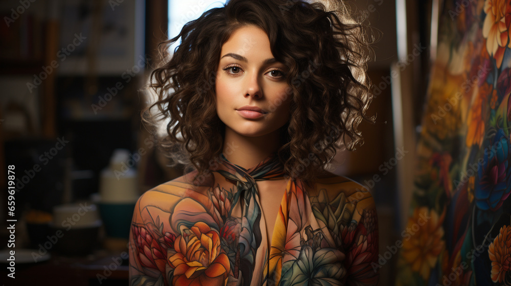 A contemplative artist in their studio, surrounded by paintings, with their unique, artistic curls framing their face A contemplative artist in their studio, surrounded by paintings, with their unique, artistic curls framing their face