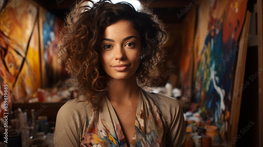 A contemplative artist in their studio, surrounded by paintings, with their unique, artistic curls framing their face