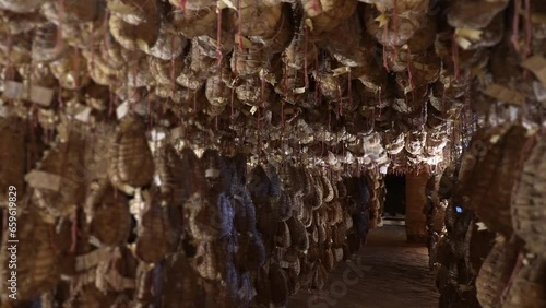 Cellar with ancient culatello hanging photo