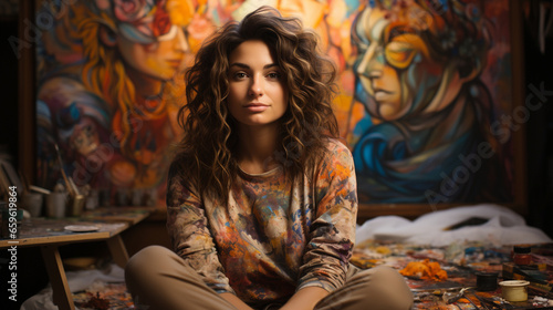 A contemplative artist in their studio, surrounded by paintings, with their unique, artistic curls framing their face