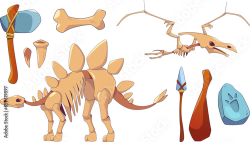 Dinosaur skeleton icon and fossil set for history museum vector illustration. Archeology stone and stegosaurus bone clipart for ancient jurassic interior design. Prehistory extinct pterodactyl