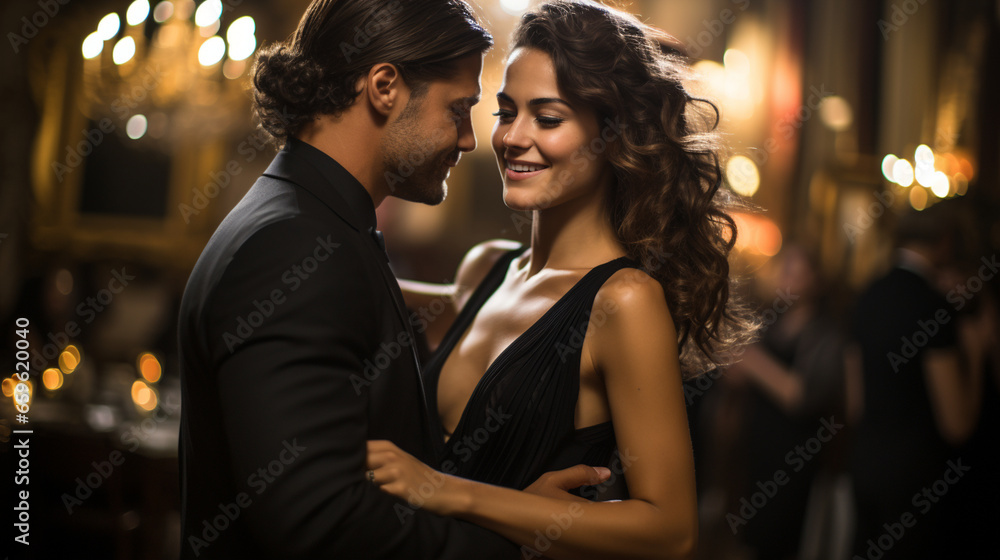 An elegant ballroom dance, where a couple's intricate footwork is complemented by the woman's curly updo, adding to the grace of the dance An elegant ballroom dance, where a couple's intricate footwork is complemented by the woman's curly updo, adding to the grace of the dance