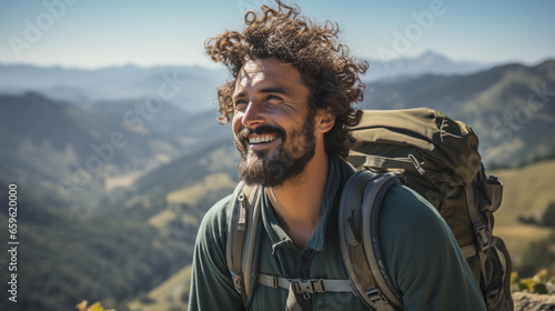 An outdoor adventure scene in the mountains, where a hiker with curly hair enjoys the breathtaking view from the summit