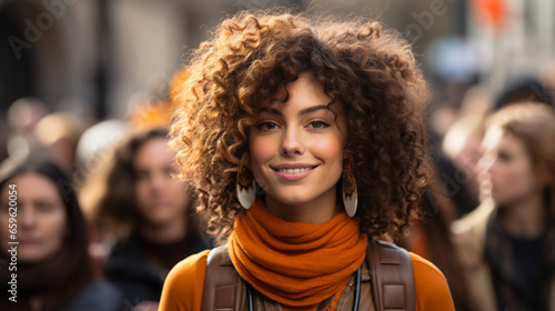 A powerful protest march, with activists from various backgrounds, each with their own curly hair, advocating for a cause they believe in