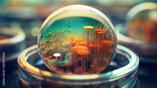 A transparent epoxy, glass or plastic ball with a colony of microorganisms inside. Growing cultures of fungi. Research in the laboratory. Illustration for poster, cover, brochure or presentation.