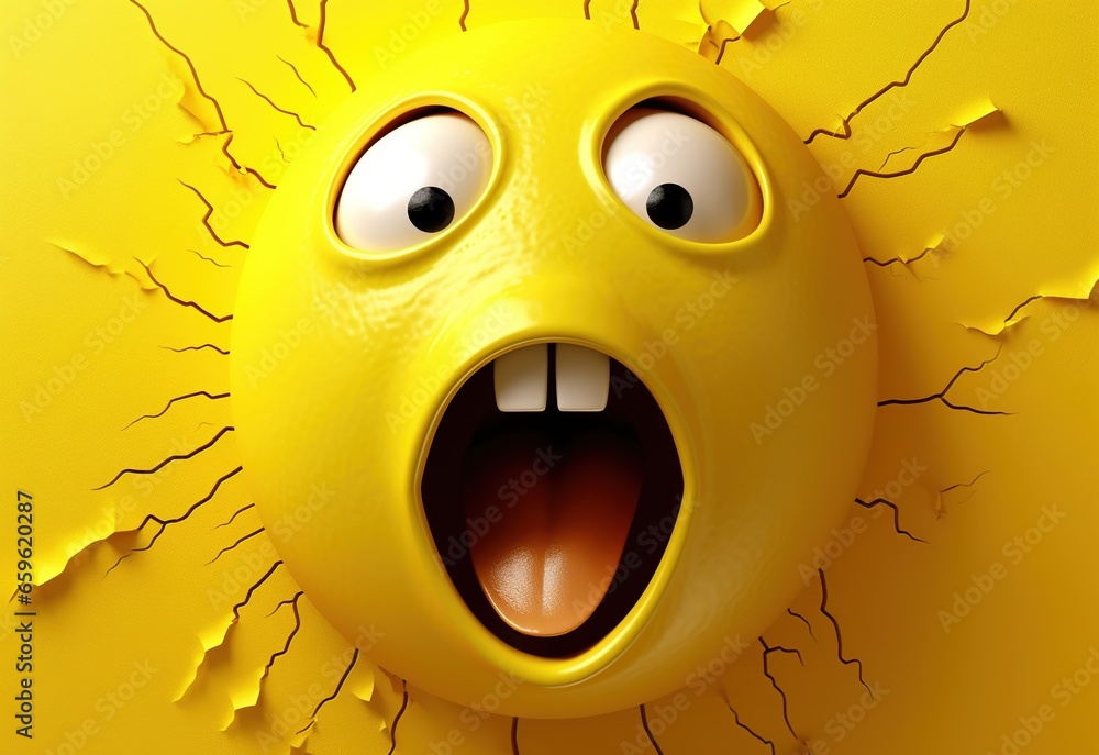 Shocked, scared or startled emoji with mouth wide open and eyes bulging. Abstract emotional face. Facial expression. Illustration for banner, poster, cover, brochure or presentation. - obrazy, fototapety, plakaty 