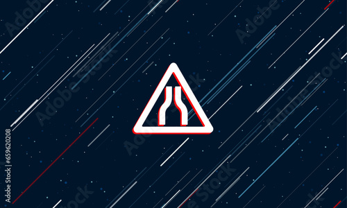 Large white road narrowing sign framed in red in the center. The effect of flying through the stars. Vector illustration on a dark blue background with stars and slanted lines