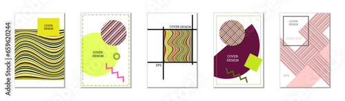 Geometric cover design, set of 5 covers. Abstract unusual background in Memphis style. Bright geometric shapes in random order