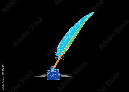 hand drawn colored inkwell and dip pen. scribble dip and inkwell. colored inkwell and feather pen on black background