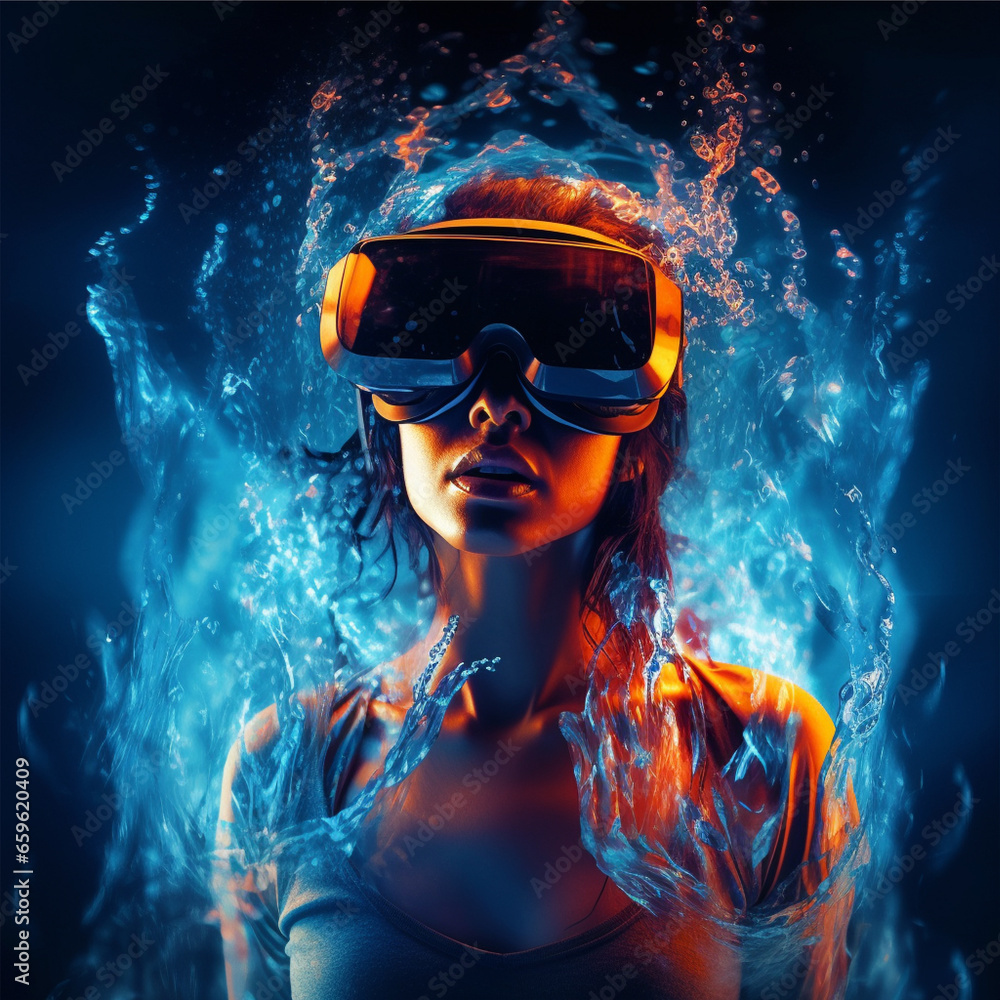 Person wearing virtual reality goggles. Future metaverse technology concept. Person wearing virtual reality goggles. Future metaverse technology concept.