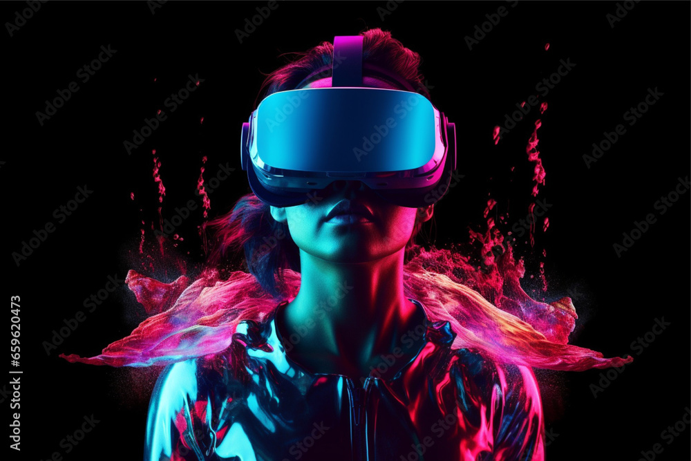 Person wearing virtual reality goggles. Future metaverse technology concept. Person wearing virtual reality goggles. Future metaverse technology concept.