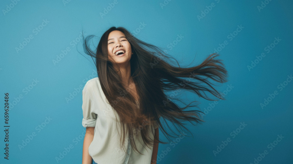 Portrait of beautiful asian woman with flying long hair in casual wear. - obrazy, fototapety, plakaty 