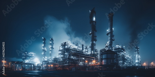 Steel pipelines for oil refining industry on plant zone at night time