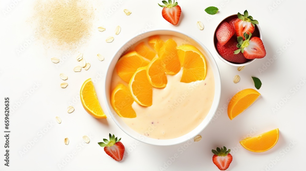 a bowl of oranges and strawberries on a white table. generative ai a bowl of oranges and strawberries on a white table. generative ai