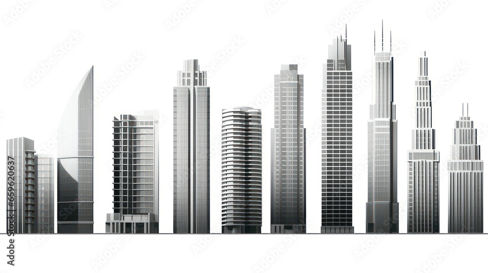 Modern skyscrapers in a row isolated on white created with Generative AI