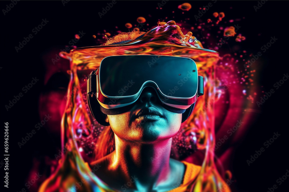 Person wearing virtual reality goggles. Future metaverse technology concept. Person wearing virtual reality goggles. Future metaverse technology concept.