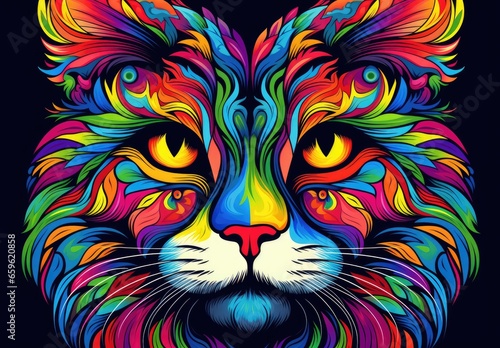 Close-up of a cat s face with bright multicolored fur. Illustration for cover  card  postcard  interior design  decor or print.