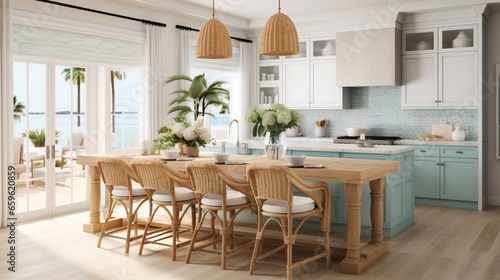 Picture a coastal chic kitchen with light colors and natural textures. It's like bringing a breath of fresh ocean air into your home.