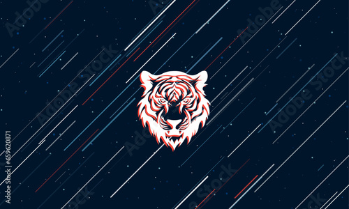 Large white tiger head symbol framed in red in the center. The effect of flying through the stars. Vector illustration on a dark blue background with stars and slanted lines