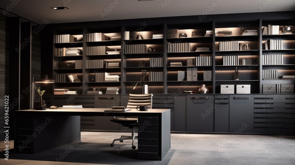Picture a monochromatic office space where innovation meets organization. Imagine sleek, innovative storage solutions in a space that's both functional and stylish.