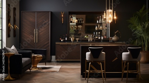 a classy home bar, decked out in dark wood and shiny brass details that scream sophistication. 