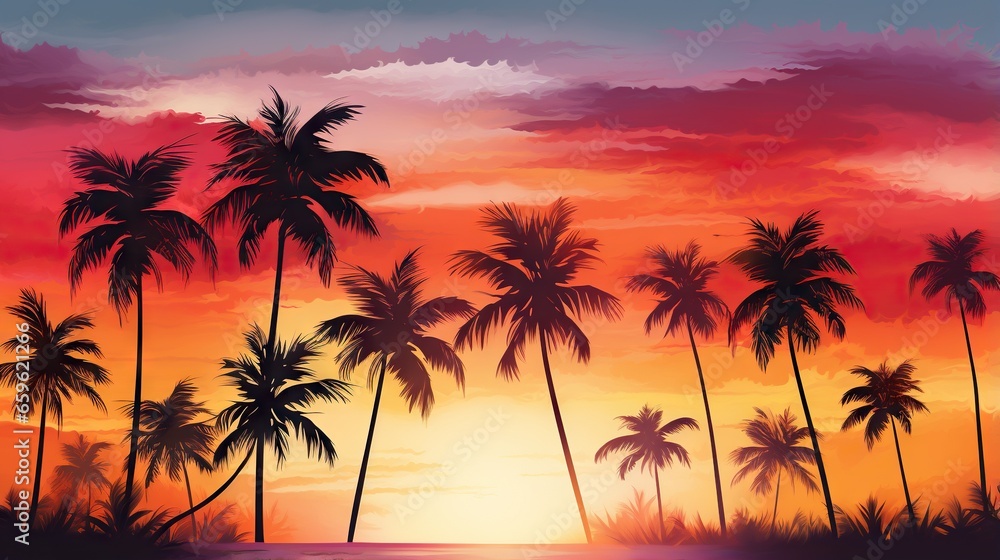  a painting of a sunset with palm trees in the foreground.  generative ai