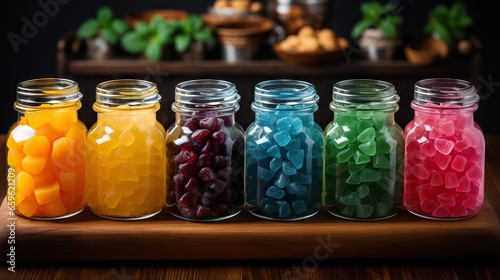  a row of glass jars filled with different types of candy. generative ai