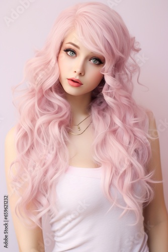 Elegant ulzzang with pink flowing hair in a white top pose