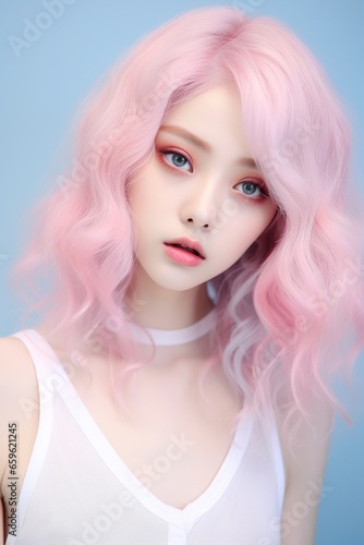 Ulzzang Japanese girl with pink curly hair, white tank top and choker
