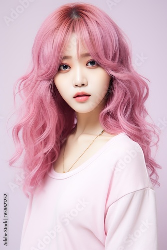 Ulzzang Japanese girl with pink wavy hair and soft expression