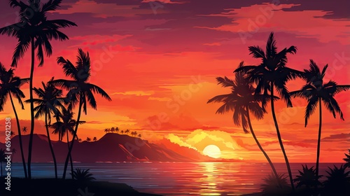  a sunset with palm trees and a mountain in the background.  generative ai