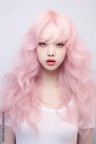 Ulzzang Japanese girl with long pink hair and white blouse