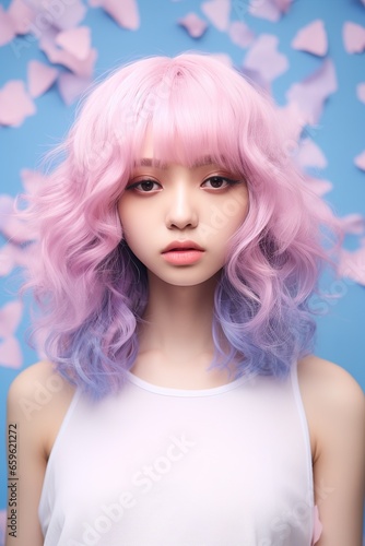 Portrait of a young ulzzang Japanese woman with pastel pink and purple hair amidst butterfly backdrop