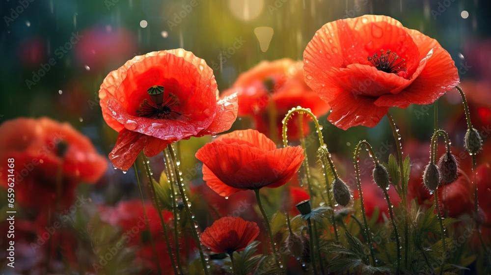 Fototapeta premium a field full of red flowers with water droplets on them. generative ai