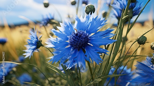  a field full of blue flowers on a sunny day with a blue sky in the background.  generative ai