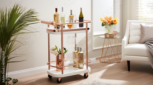 Raise the bar with a white lacquered bar cart, adorned with rose gold accents and glass shelves for a touch of sophistication. photo