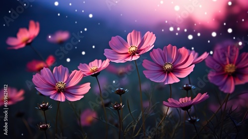  a bunch of pink flowers in a field with water droplets.  generative ai © Anna