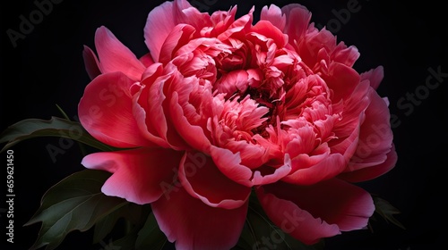  a large pink flower with green leaves on a black background.  generative ai