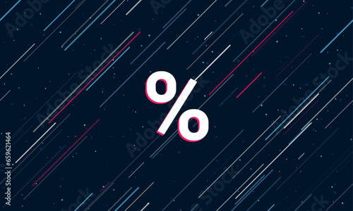 Large white percent symbol framed in red in the center. The effect of flying through the stars. Vector illustration on a dark blue background with stars and slanted lines