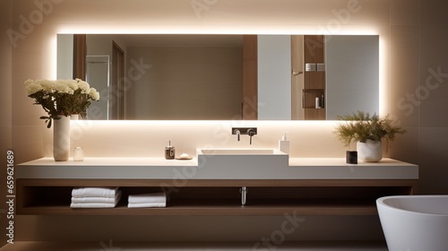 Refresh in a bathroom with a backlit mirror and floating vanity.