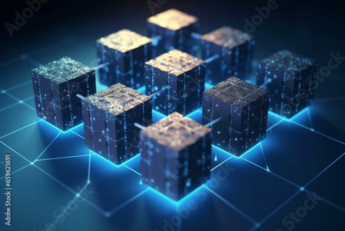 Connection of cryptographic blocks in blockchain technology. Generative AI photo